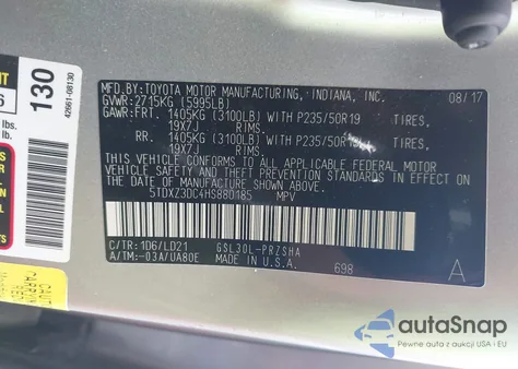 2017 Toyota Sienna Se Premium 8 Passenger z USA, uszkodzony, nr VIN 5TDXZ3DC4HS880185